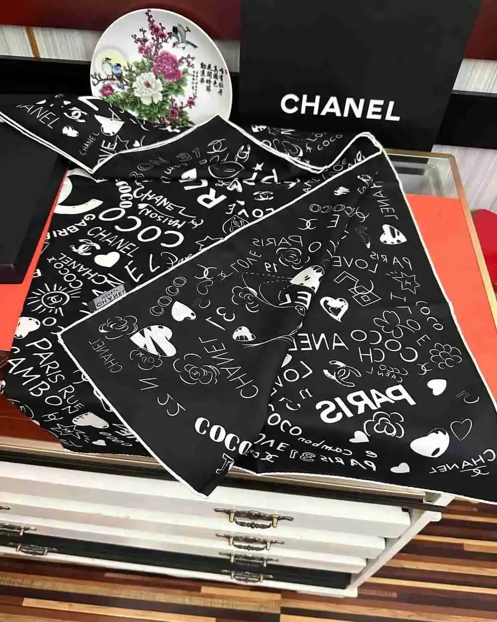 CHANEL Graffiti Print Silk Square Scarf 90×90cm